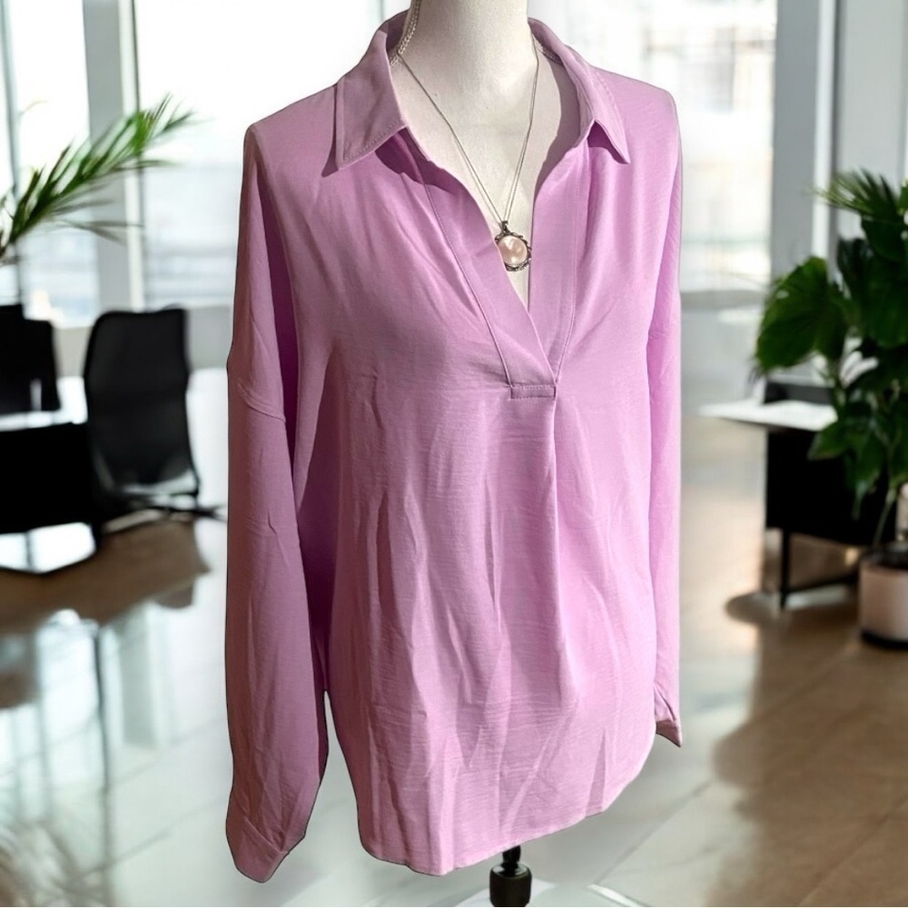 Pink Rafaella Collared‎ V-Neck Longsleeve Blouse